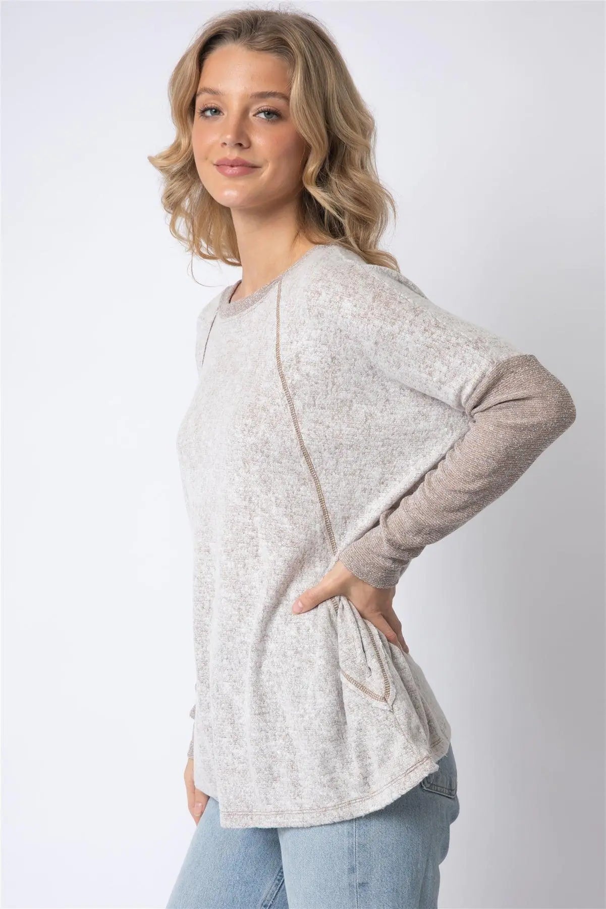 Taupe Long Sleeve Round Neck Two Pocket Side Top