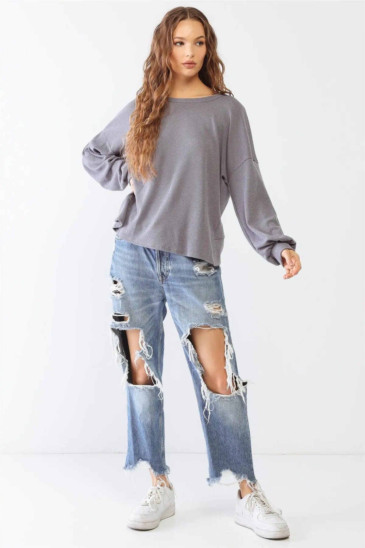 Waffle Knit Long Sleeve Back Wrap Cut-Out Top