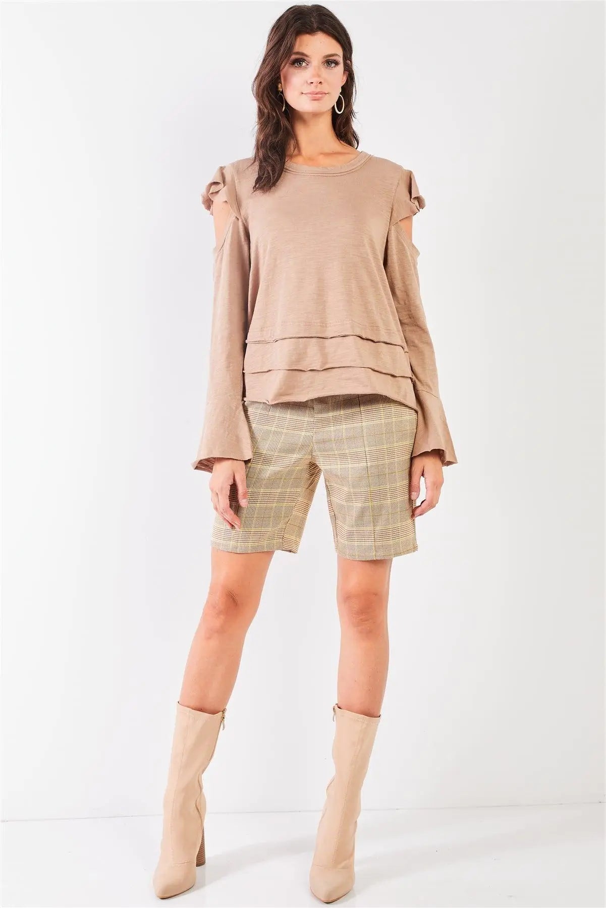 Taupe Cut-Out Shoulder Bell Sleeve Raw Edge Detail Layered Hem Top /2-2-2