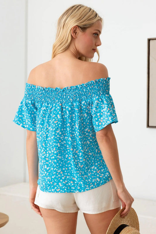 Off Shoulder Smocking Band Ditsy Print Top